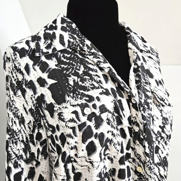 Vintage Elementz White and Black 3/4 Sleeve Pocket Button Front Top Large - Picture 7 of 10